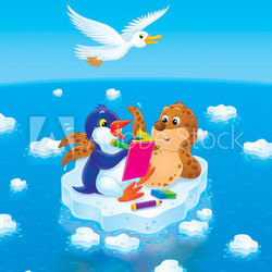 Penguin, seal and gull solve a crossword puzzle