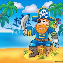 Pirate sitting on chest with ship