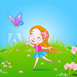 Little cute girl trying to catch an butterfly
