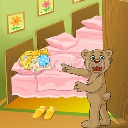 Fairy tale. Bear cub found a little girl sleeping in his bed.