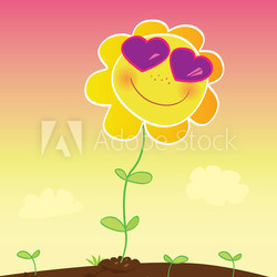 Summer love. Sunflower with pink sunglasses. Vector format.