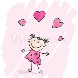 Small girl with hearts. Doodle vector character.