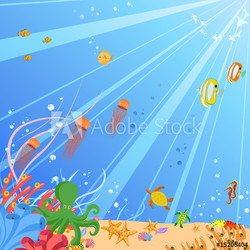 Colorful background with creatures of the seas