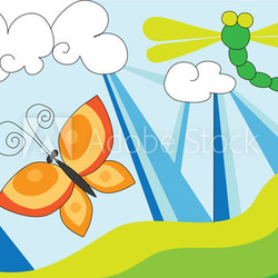 dragon fly and butterfly over blue sky