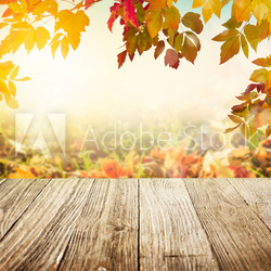 Wooden table with autumn leaves background 