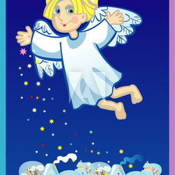 Christmas angel over a small town scatters stars