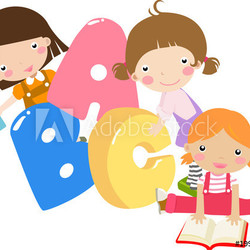 Three cartoon girls holding ABC letters