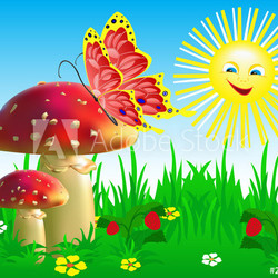 Summer landscape with mushrooms and a butterfly.