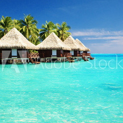 Over water bungalows with steps into amazing lagoon