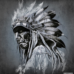 Tattoo art, portrait of american indian head over dark backgroun