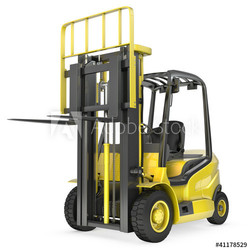 Yellow fork lift truck with raised fork, front view