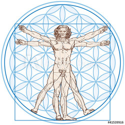 Vitruvian Man fits into a blue Flower of Life. Illustration on white background. Vector.