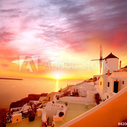 Santorini with old Windmill in Oia village, Greece