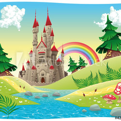 Panorama with castle. Cartoon and vector illustration.