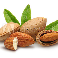 almonds, shelled almonds and leaves