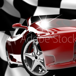 Red car on a checkered flag