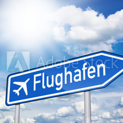 Blaues Schild mit Sonne und Flughafen