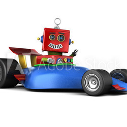 Vintage toy robot in race car over white background