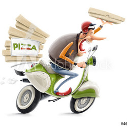 man delivering pizza on bicycle illustration isolated on white