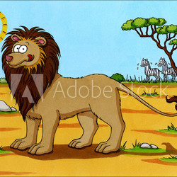 Afrika Cartoon - Löwe und Zebras in der Savanne