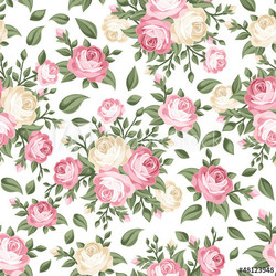 Seamless pattern with pink and white roses. Vector illustration.