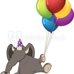 The elephant calf and birthday balloons. Cartoon