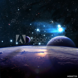 Planets over the nebulae in space