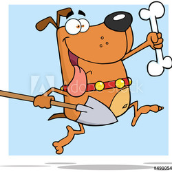 Running Brown Dog With A Bone And Shovel