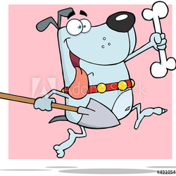 Happy Running Gray Dog With A Bone And Shovel