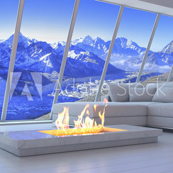 White 3D interior room with fireplace and mountain range view