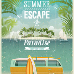 Vintage seaside view poster with surfing van. Vector background.