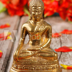 Goldener Buddha vor rote Blüten