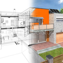 Modern house in section with visible infrastructure in interior