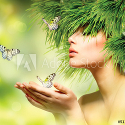 Spring Woman. Summer Girl with Grass Hair and Green Makeup