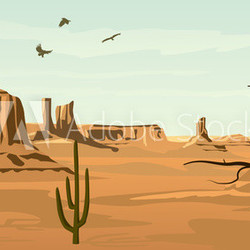 Horizontal cartoon illustration of prairie wild west.