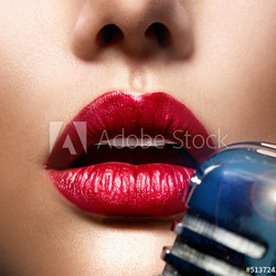 Singer Woman with Retro Microphone. Vintage Style