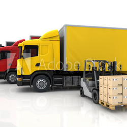 LKW und Gabelstapler mit Paketen