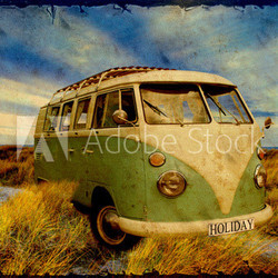 Retroplakat - Grüner Bulli am Strand