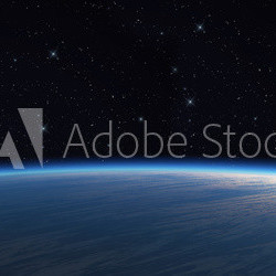 Blue planet with giant sun on starry background.