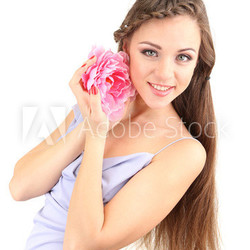 Young woman with beautiful hairstyle and flower, isolated