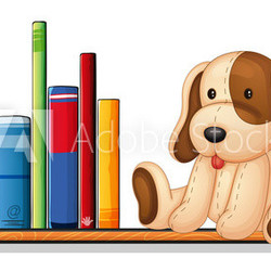 A shelf with books and a toy