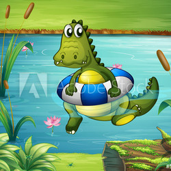 A crocodile at the river with a buoy