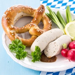 Munich white sausages with sweet mustard and pretzel