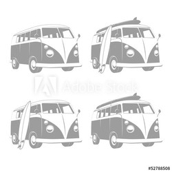Vintage camper bus van with surfboards