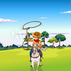 A cowboy riding a horse at the forest