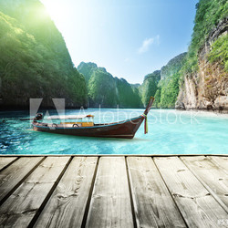 rock of Phi Phi island in Thailand and wooden platform