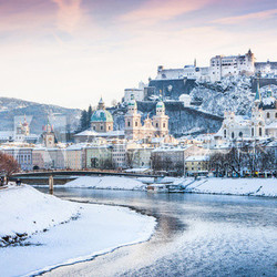Salzburg skyline with river Salzach in winter, Austria