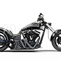 Custom black motorcycle side view on a white background