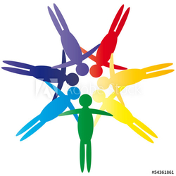 team, Gruppe von Menschen in Gemeinschaft - abstrakte Menschen im Kreis - Aufstellung in Chakra Farben