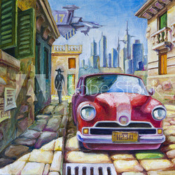 Old Red Car at the Sunny Street